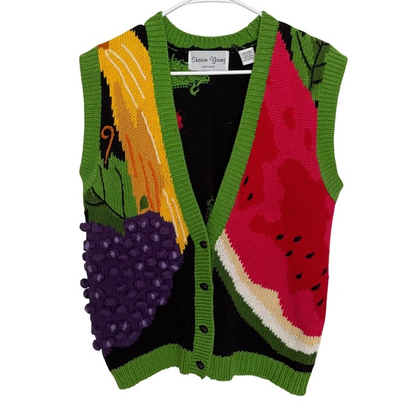 Sharon Young Vintage Fruit Knit Vest Sweater Size S Retro...